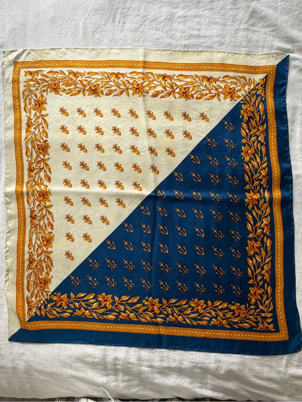 Metropolitan Museum Of Art Silk Fleur De Lis Anchor Nautical Print Wrap Scarf